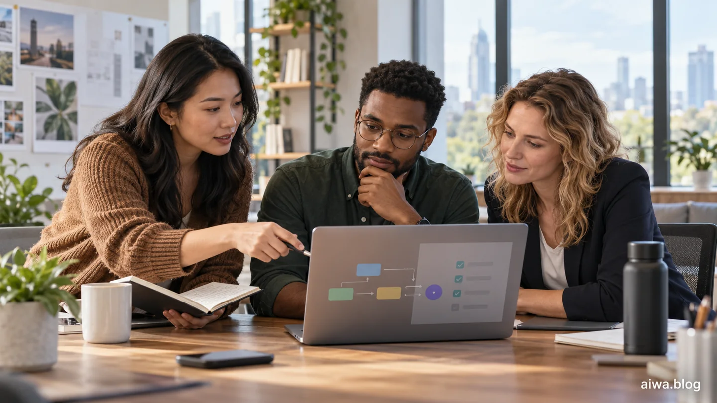 Illustration of an office team collaborating on an AI-assisted workflow